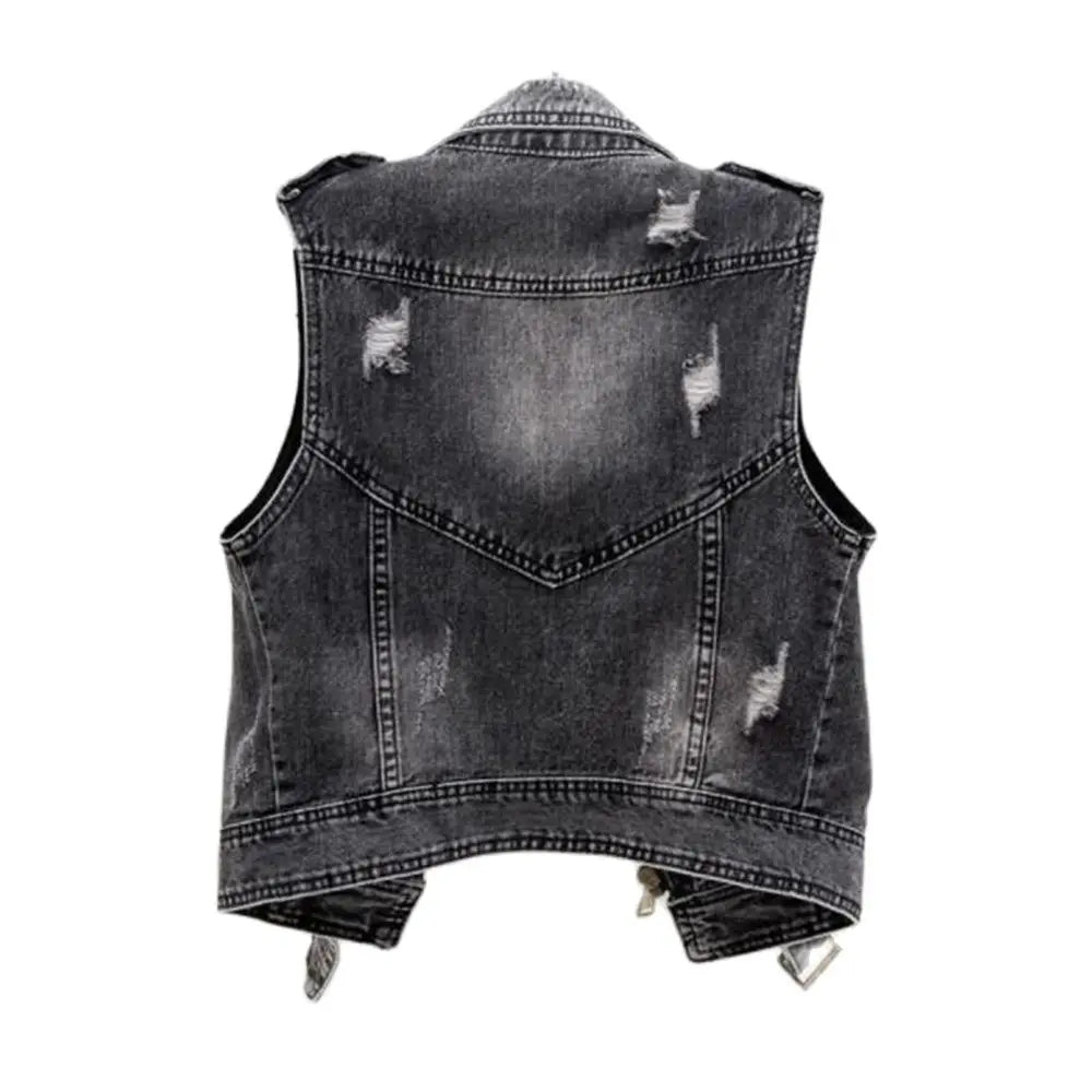 Elara Women's Washed Gray Moto-Style Denim Vest with Zipper Accents
