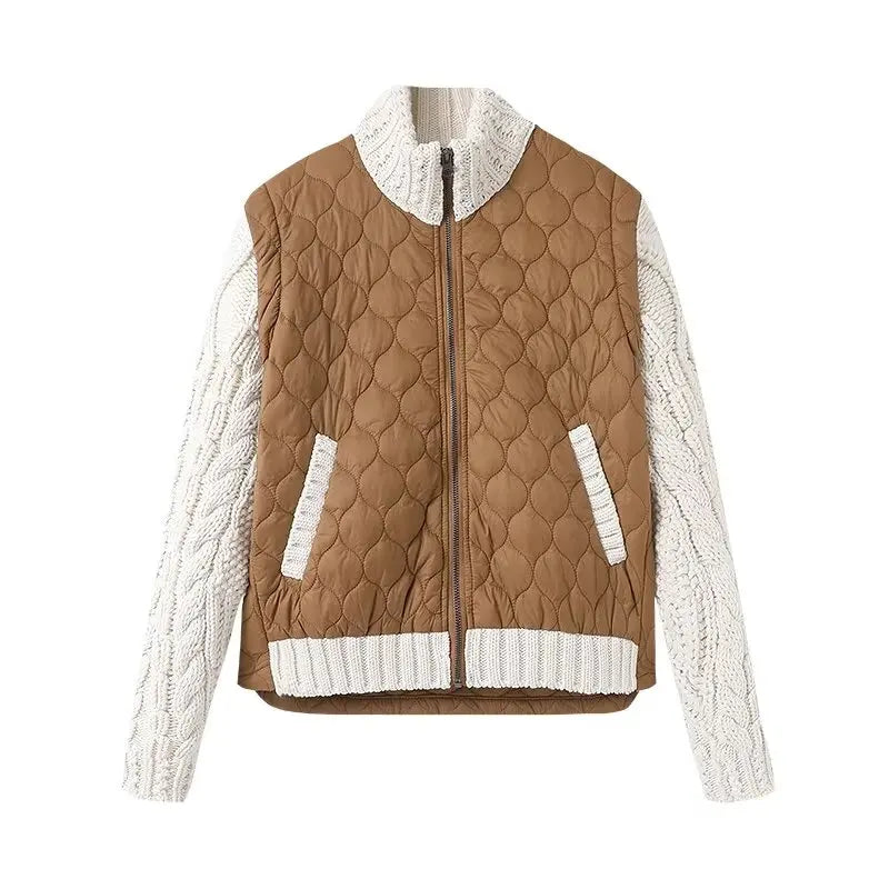 Anne Women's Quilted Jacket – Textured Knit Sleeves with Zip-Up Closure