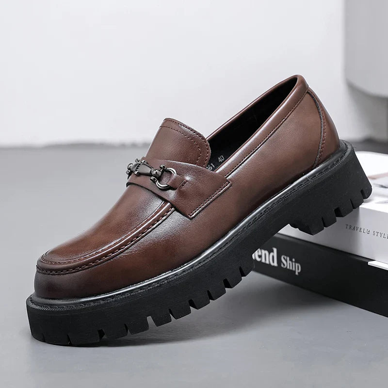 Valentino Leather Thick Sole Slip-On Loafers – Metal Detail Smart Dress Shoes