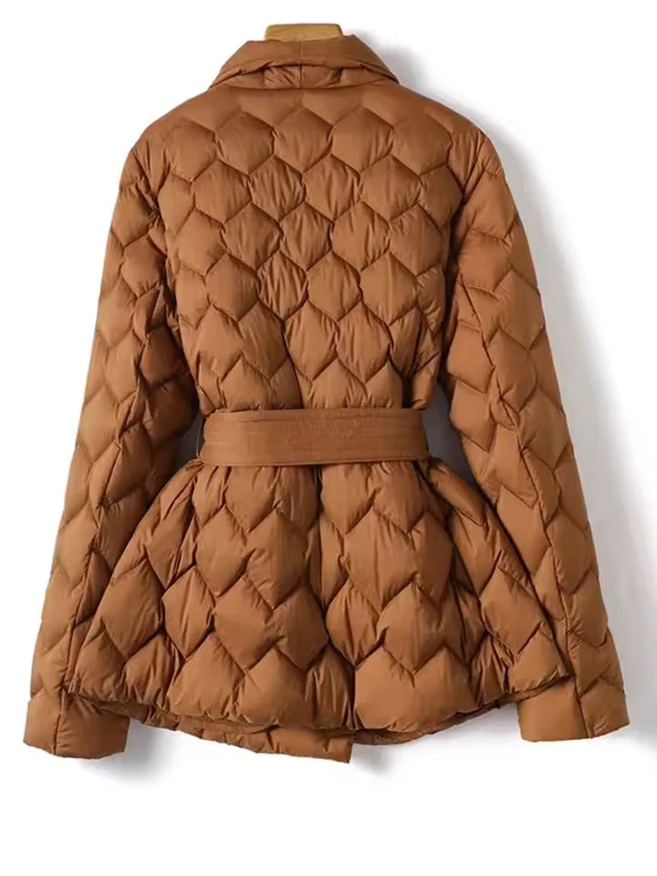 Freya Women's Water-Resistant Quilted Coat with Belt – Diamond Stitch Wrap Design