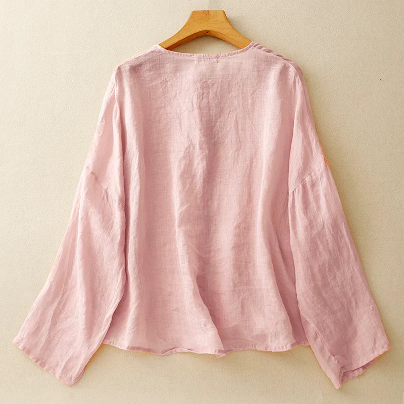May Heritage Cotton Linen Blouse – Frog Button O-Neck Long Sleeve Relaxed Casual Top