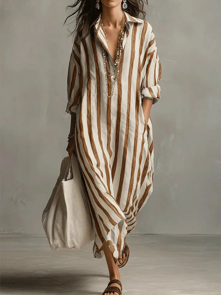 Celestine Linen Stripe Shirt Dress – V-Neck Casual Tunic Summer Midi Dress