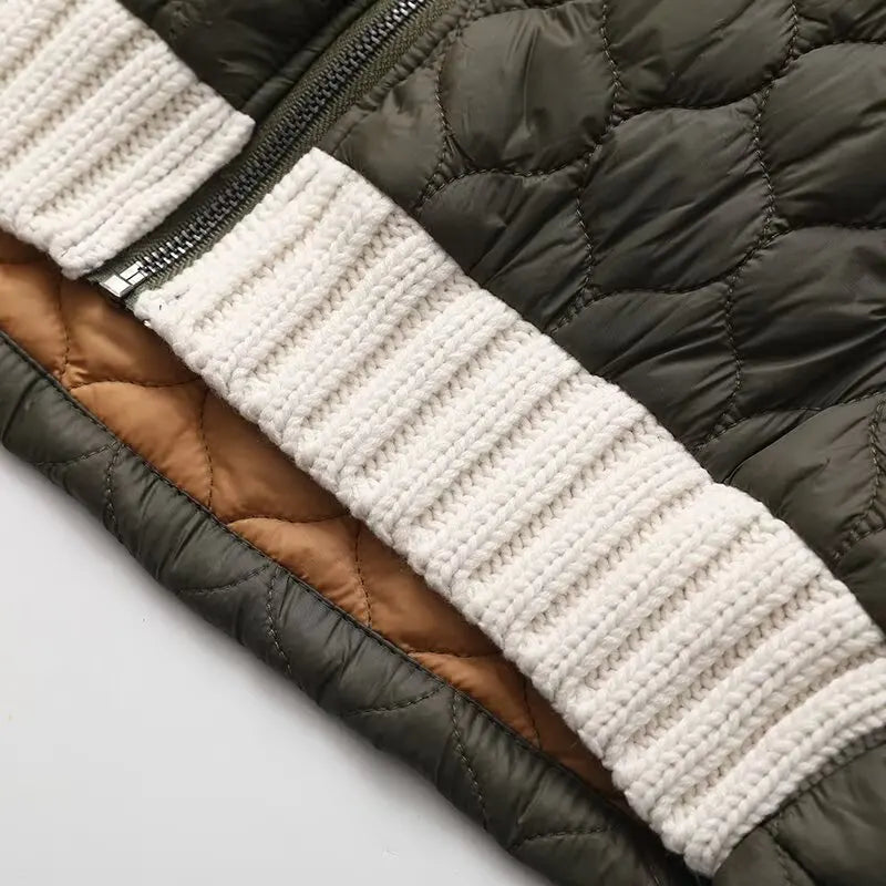 Anne Women's Quilted Jacket – Textured Knit Sleeves with Zip-Up Closure