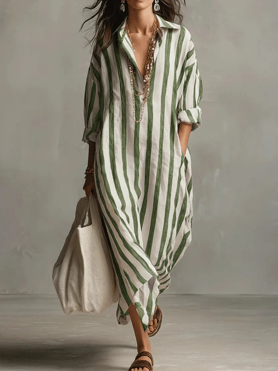 Celestine Linen Stripe Shirt Dress – V-Neck Casual Tunic Summer Midi Dress