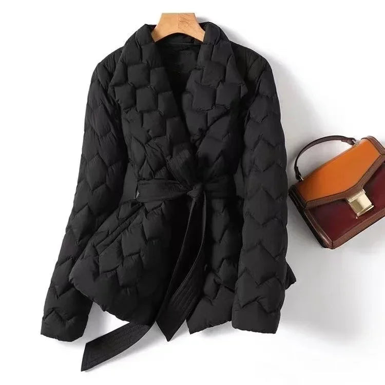 Freya Women's Water-Resistant Quilted Coat with Belt – Diamond Stitch Wrap Design