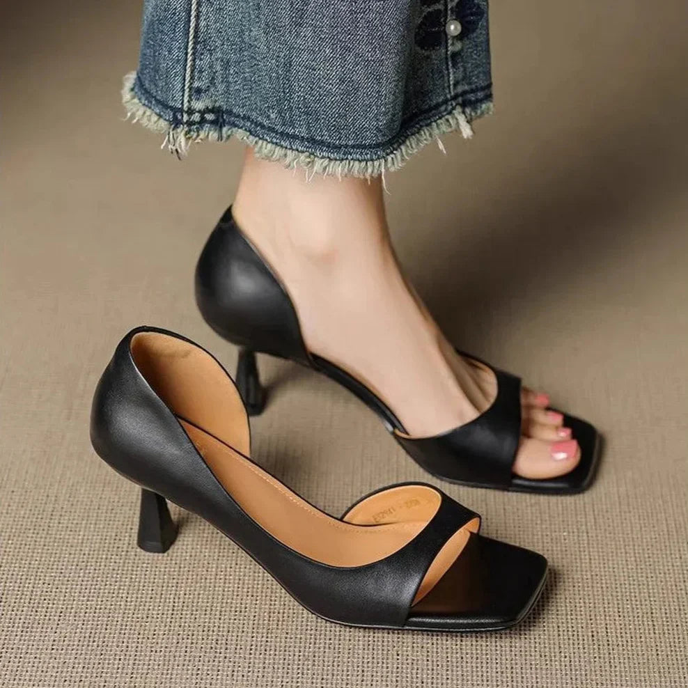 Claudia Women's Square Toe Mid-Heel Leather Sandals