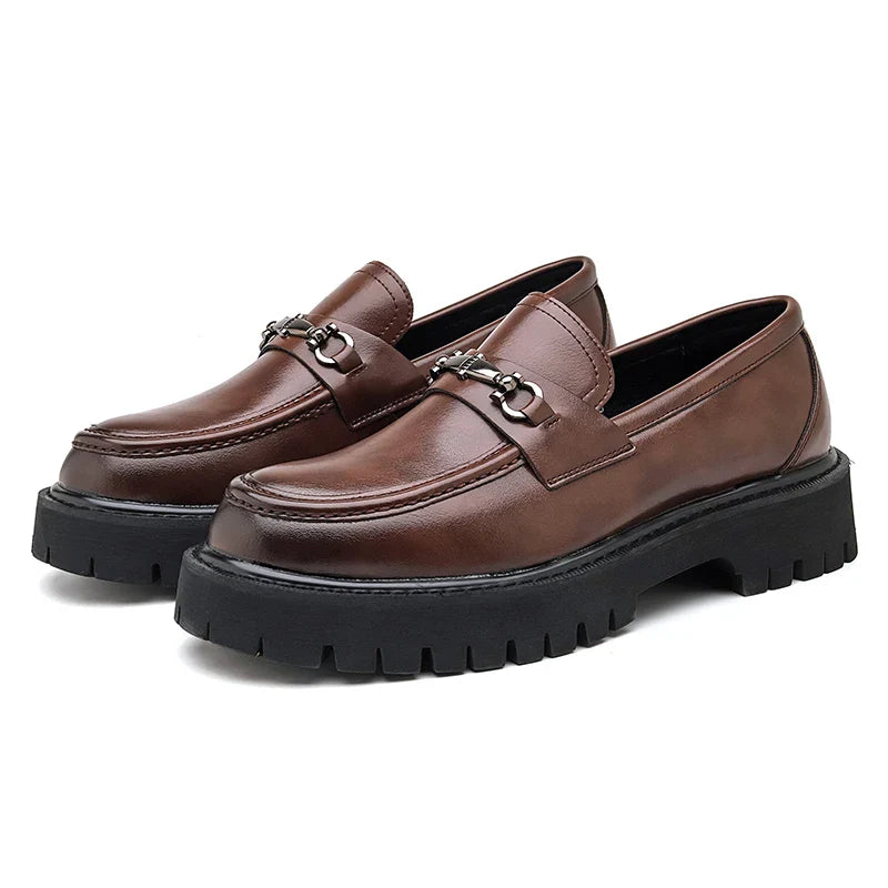 Valentino Leather Thick Sole Slip-On Loafers – Metal Detail Smart Dress Shoes