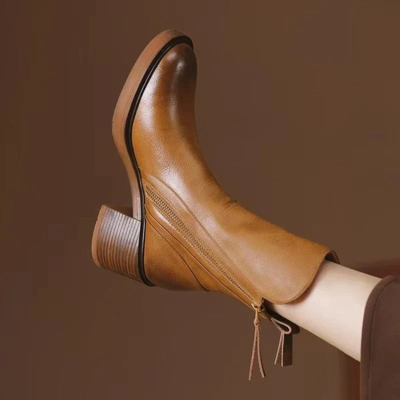 Selene Genuine Leather Ankle Boots – Low Heel Stability Cushioned Comfort