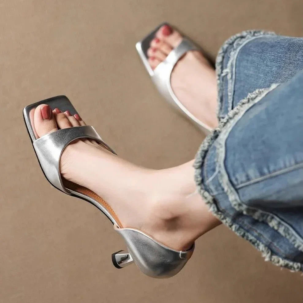 Claudia Women's Square Toe Mid-Heel Leather Sandals