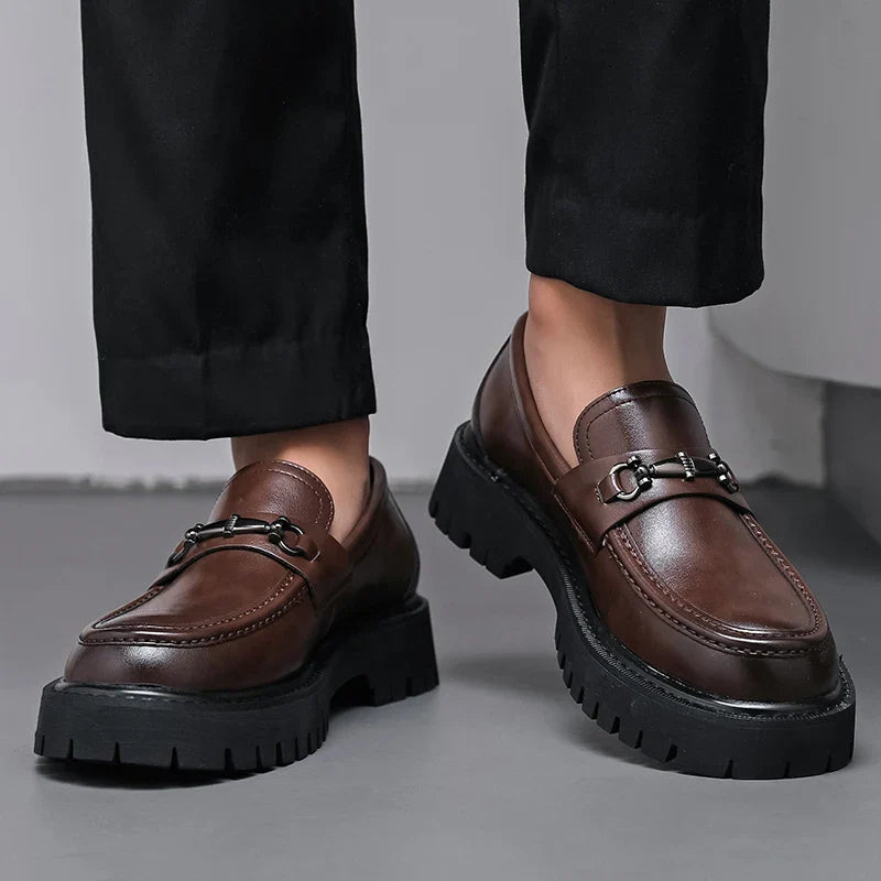Valentino Leather Thick Sole Slip-On Loafers – Metal Detail Smart Dress Shoes