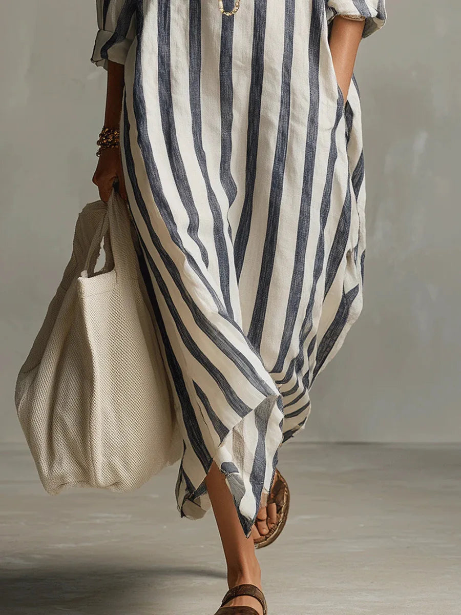 Celestine Linen Stripe Shirt Dress – V-Neck Casual Tunic Summer Midi Dress