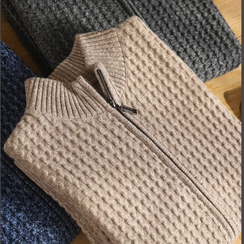 Esteban Men's Lightweight Merino Wool Zip Sweater with Waffle-Knit Texture