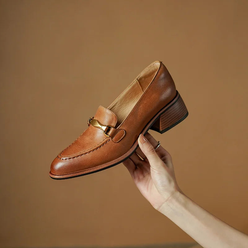 Cristy Women's Leather Heeled Loafers – Slip-On Dress Shoes with Gold Horsebit Accent