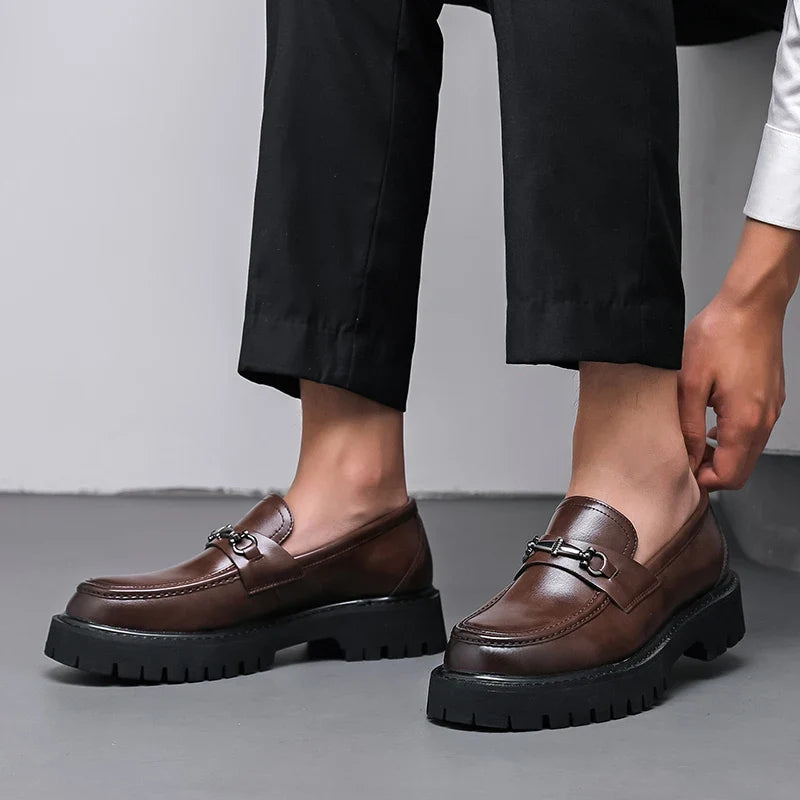 Valentino Leather Thick Sole Slip-On Loafers – Metal Detail Smart Dress Shoes