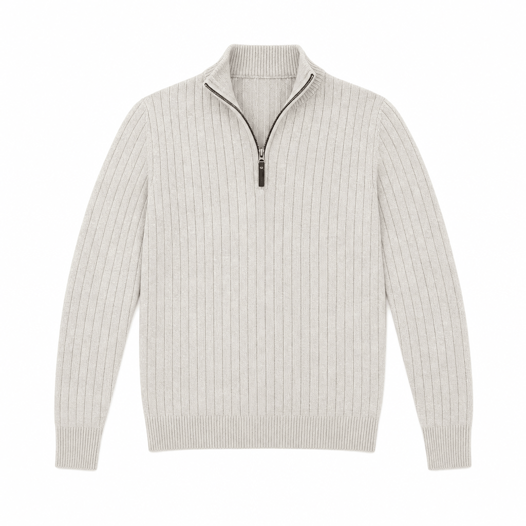 Ivory ribbed half-zip sweater displayed on its own against a light background.