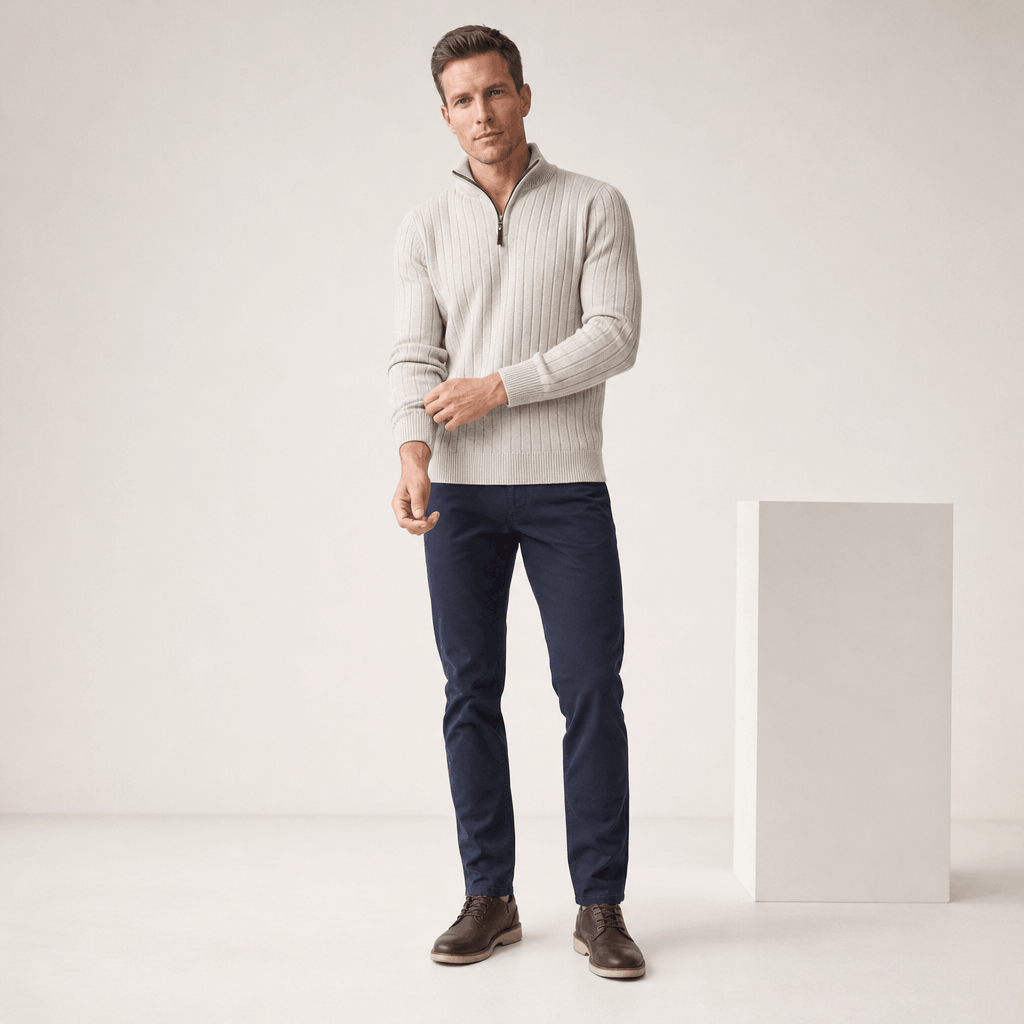 Full-body side view of the man wearing the ivory ribbed half-zip sweater with dark pants.