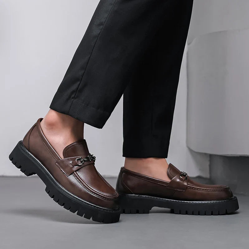 Valentino Leather Thick Sole Slip-On Loafers – Metal Detail Smart Dress Shoes