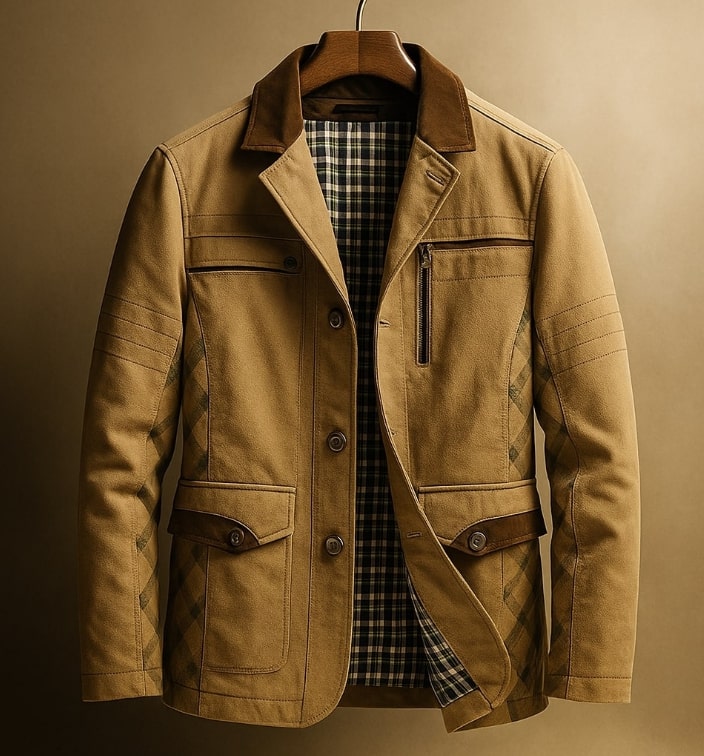 Brescia Men's Heavy Cotton Twill Field Jacket with Suede Accents and Checked Lining