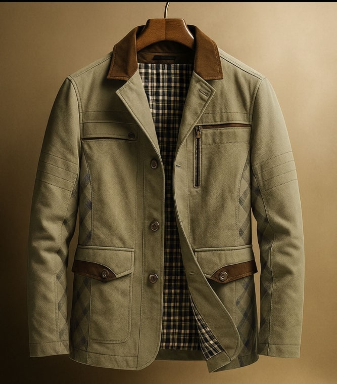 Brescia Men's Heavy Cotton Twill Field Jacket with Suede Accents and Checked Lining