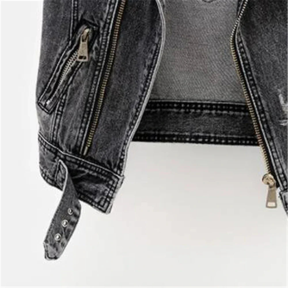 Elara Women's Washed Gray Moto-Style Denim Vest with Zipper Accents