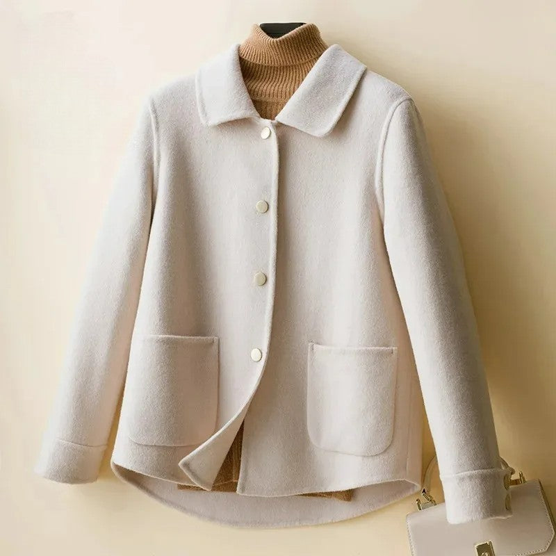 Liora Soft Wool Short Coat – Doll-Collar Snap-Button Patch-Pocket Outerwear