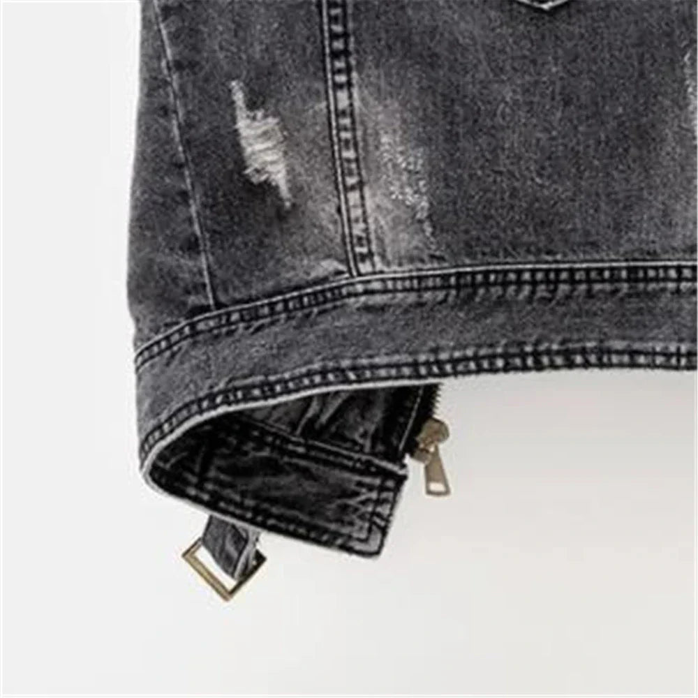 Elara Women's Washed Gray Moto-Style Denim Vest with Zipper Accents