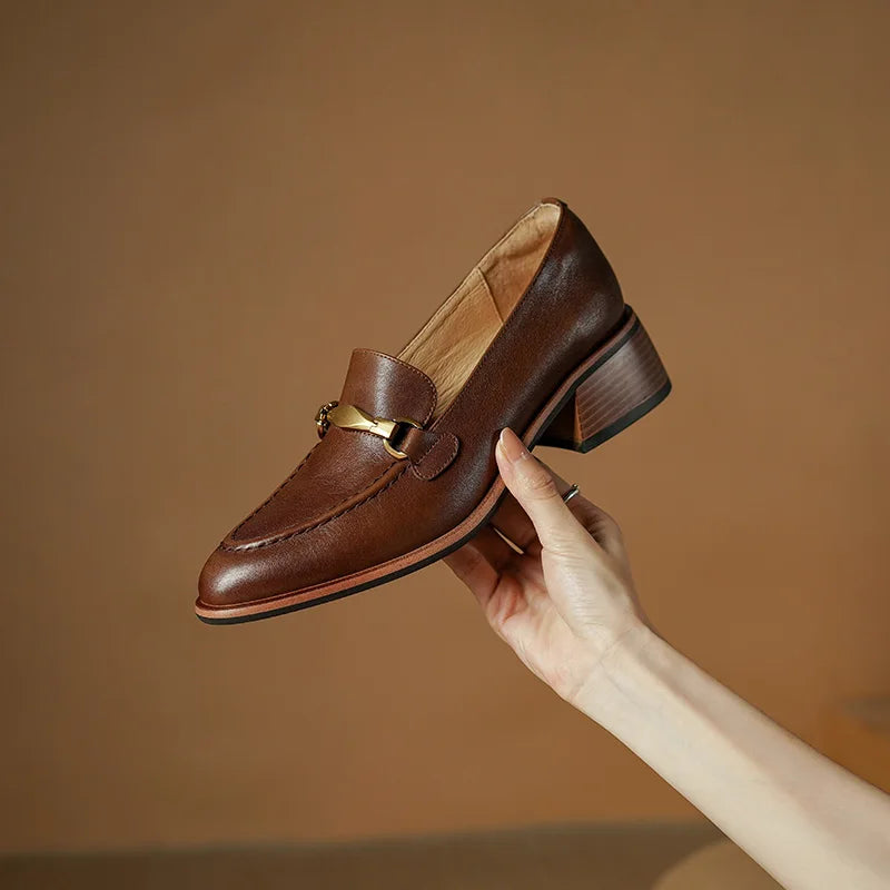 Cristy Women's Leather Heeled Loafers – Slip-On Dress Shoes with Gold Horsebit Accent
