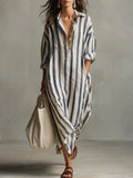 Celestine Linen Stripe Shirt Dress – V-Neck Casual Tunic Summer Midi Dress