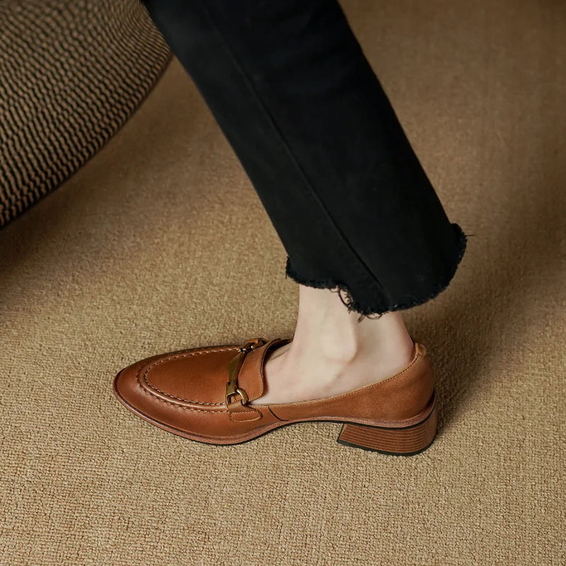 Cristy Women's Leather Heeled Loafers – Slip-On Dress Shoes with Gold Horsebit Accent