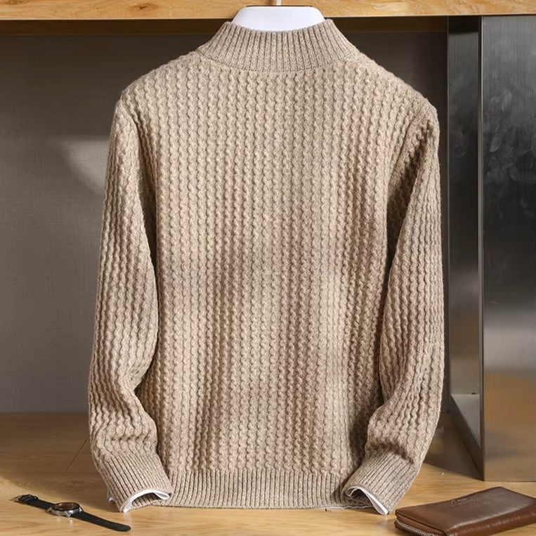 Esteban Men's Lightweight Merino Wool Zip Sweater with Waffle-Knit Texture