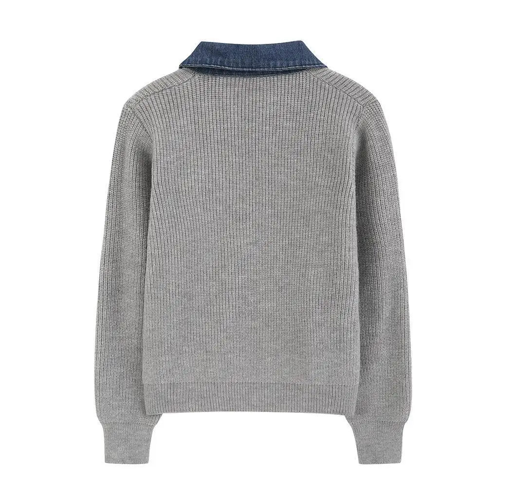 Erin Women's Knit Pullover Sweater with Denim Trim