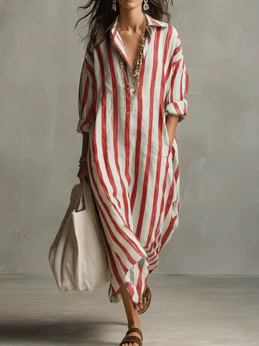 Celestine Linen Stripe Shirt Dress – V-Neck Casual Tunic Summer Midi Dress