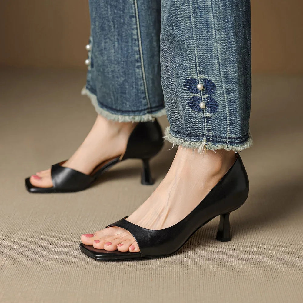 Claudia Women's Square Toe Mid-Heel Leather Sandals