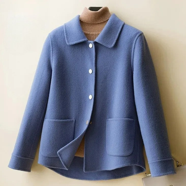 Liora Soft Wool Short Coat – Doll-Collar Snap-Button Patch-Pocket Outerwear