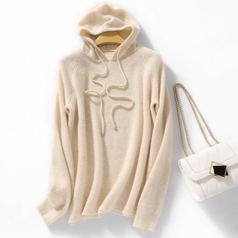Alona Women's Relaxed Fit Ribbed Knit Hoodie – Soft Wool Blend Sweater