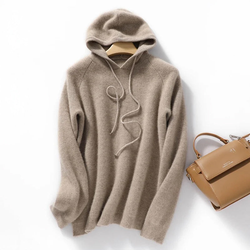 Alona Women's Relaxed Fit Ribbed Knit Hoodie – Soft Wool Blend Sweater