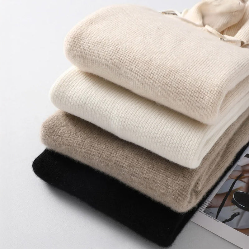 Alona Women's Relaxed Fit Ribbed Knit Hoodie – Soft Wool Blend Sweater