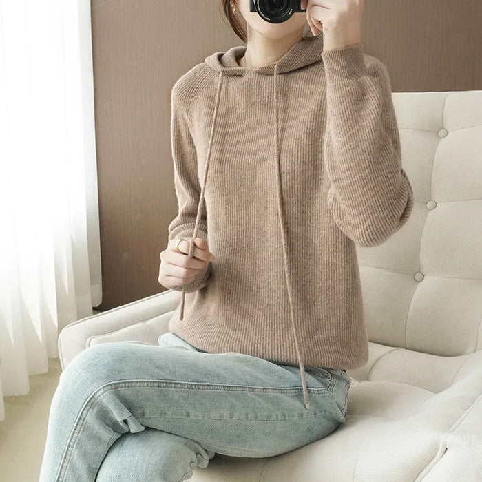 Alona Women's Relaxed Fit Ribbed Knit Hoodie – Soft Wool Blend Sweater