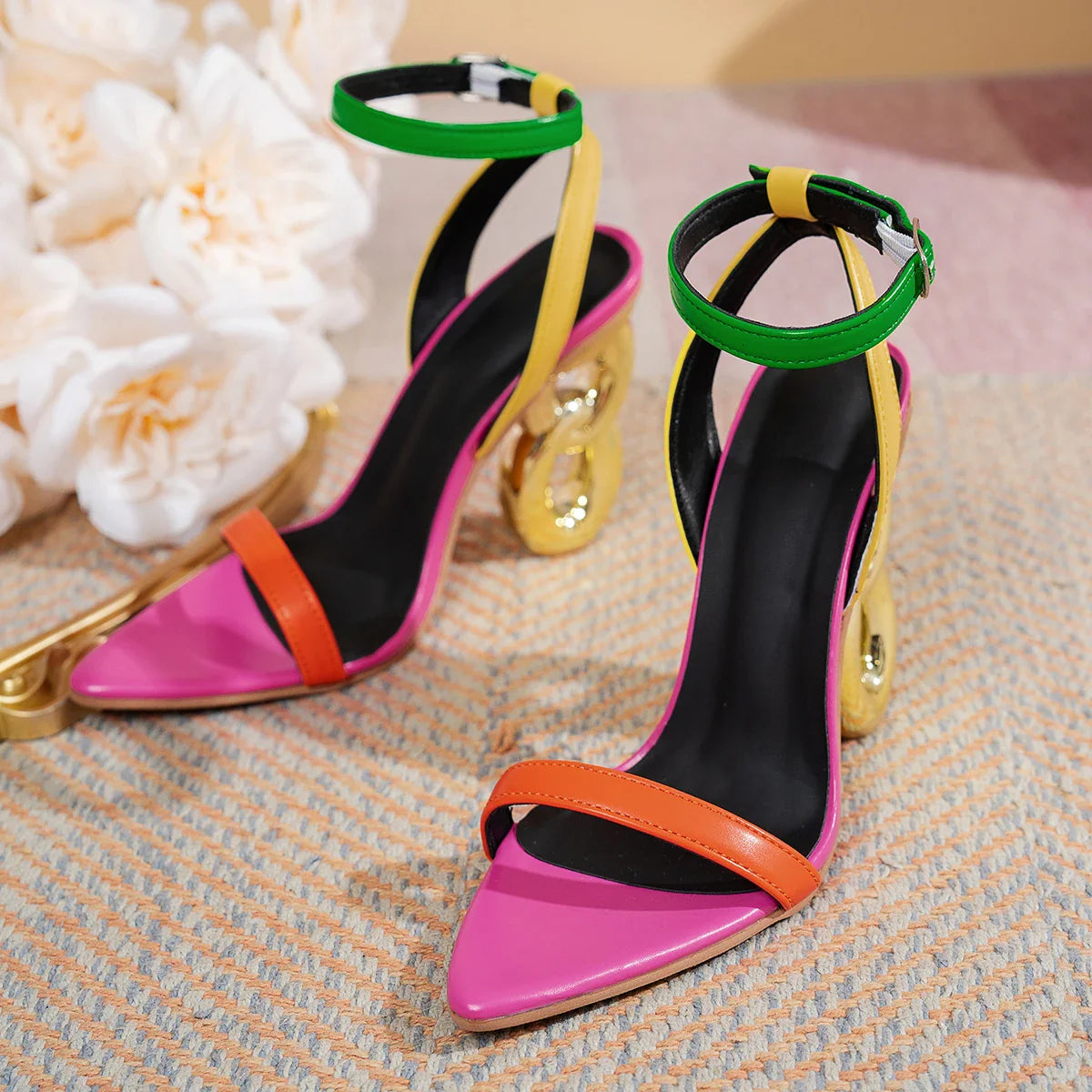 Victoire Sculptural Chain Link Heel Sandals Color Block Ankle Strap Dress Shoes