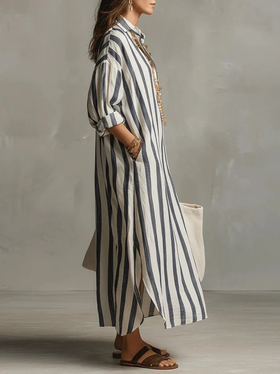Celestine Linen Stripe Shirt Dress – V-Neck Casual Tunic Summer Midi Dress