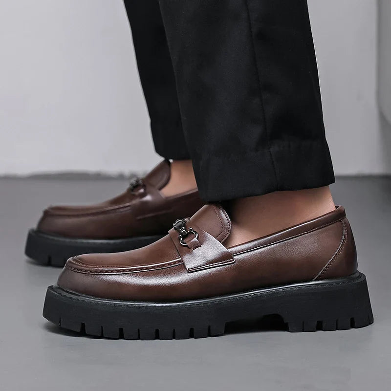 Valentino Leather Thick Sole Slip-On Loafers – Metal Detail Smart Dress Shoes