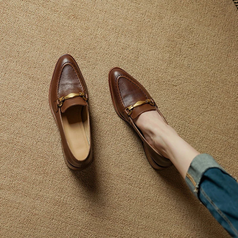 Cristy Women's Leather Heeled Loafers – Slip-On Dress Shoes with Gold Horsebit Accent