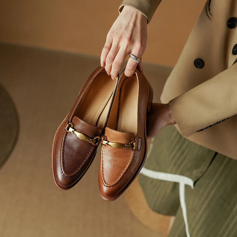 Cristy Women's Leather Heeled Loafers – Slip-On Dress Shoes with Gold Horsebit Accent