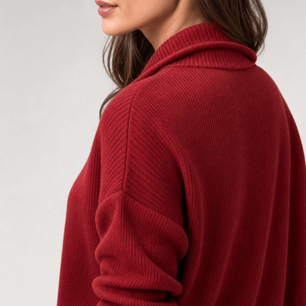Side close-up showing the raised collar and ribbed texture of the burgundy red half-zip sweater.