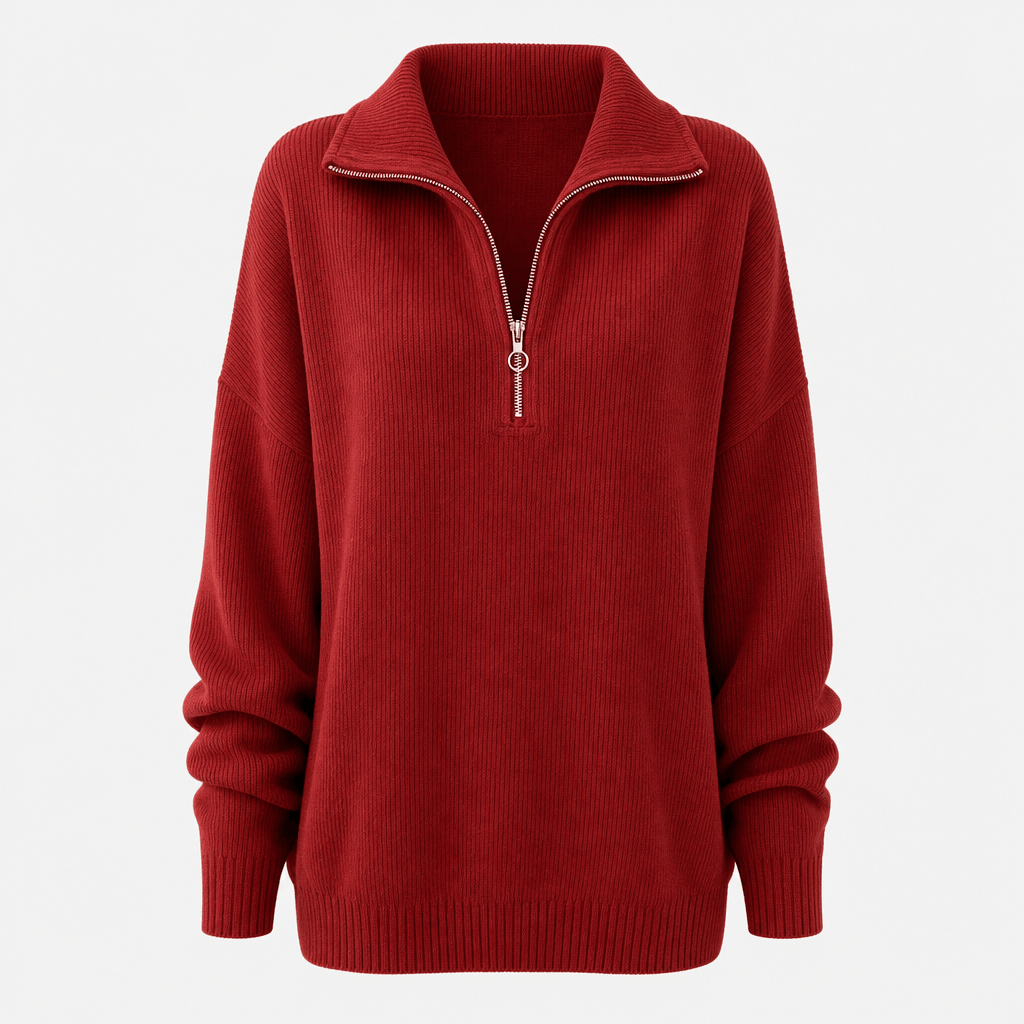 Burgundy red ribbed half-zip sweater displayed on its own against a light background.