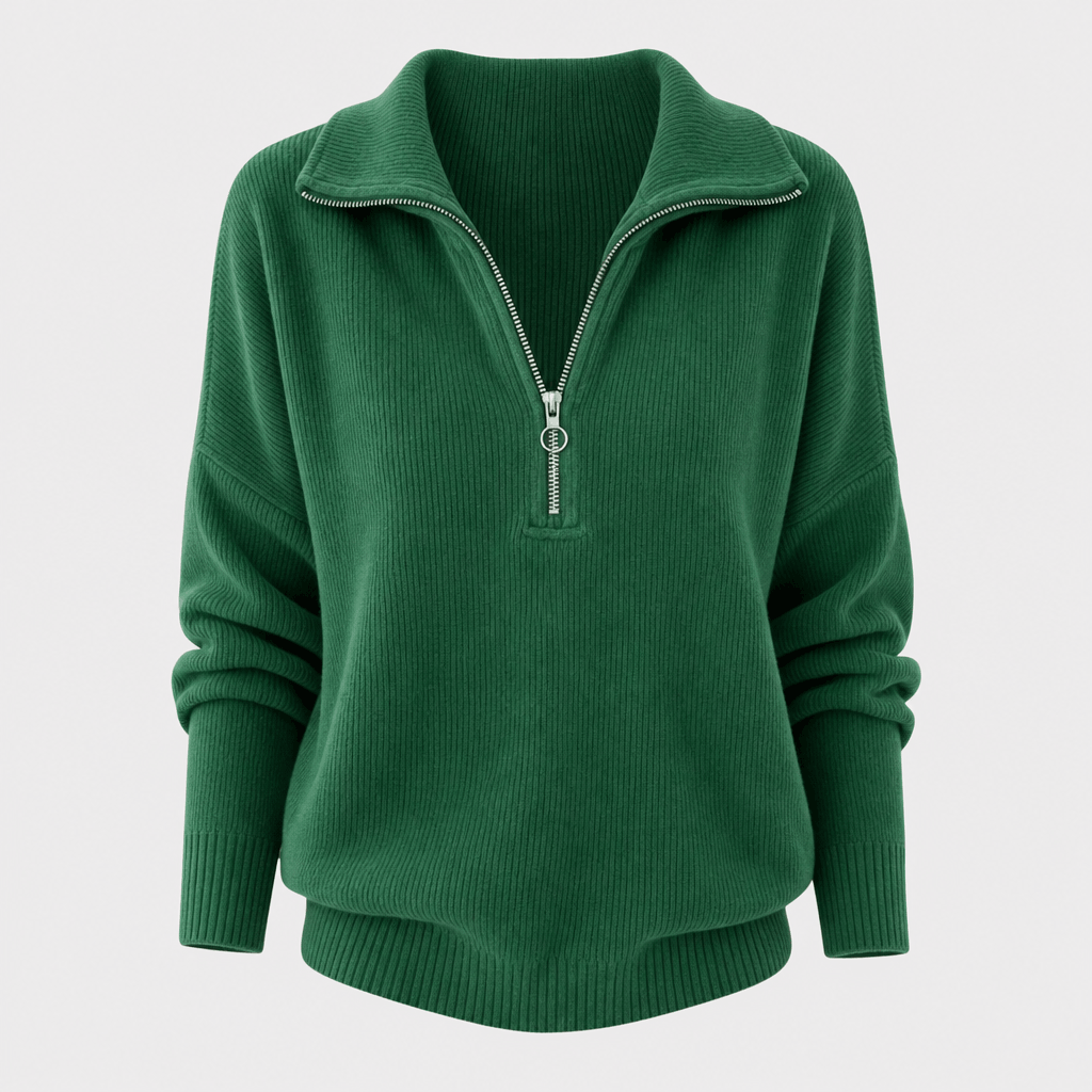 Forest green ribbed half-zip sweater displayed on its own against a light background.