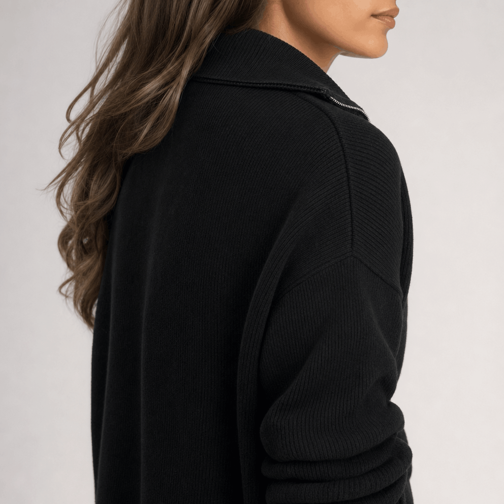 Side close-up showing the raised collar and ribbed texture of the black sweater.