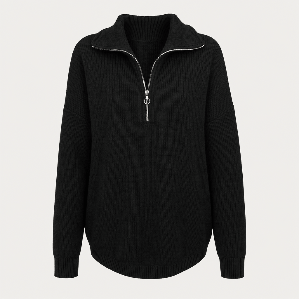 Black ribbed half-zip sweater displayed on its own against a light background.