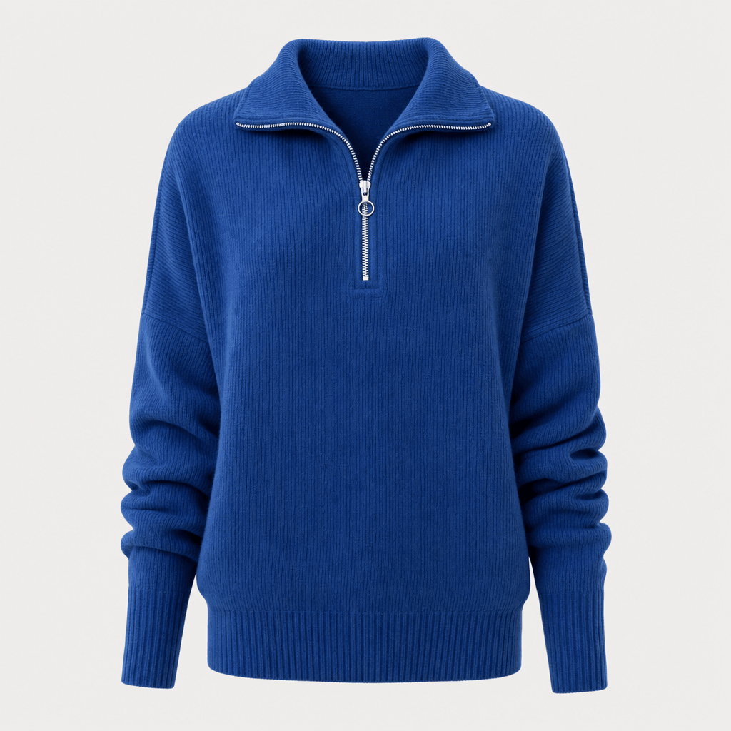 Royal blue ribbed half-zip sweater displayed on its own against a light background.
