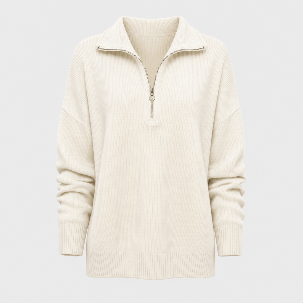 Cream ribbed half-zip sweater displayed on its own against a light background.
